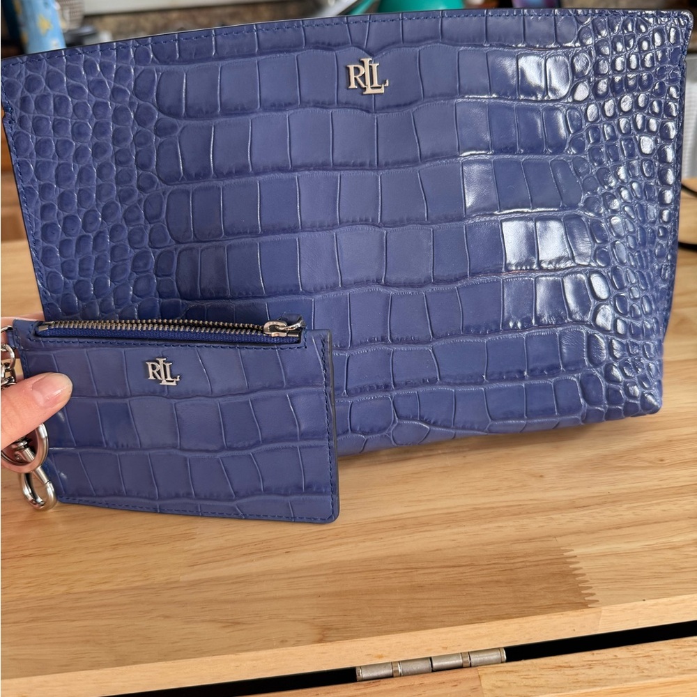 Ralph Lauren Blue Embossed Clutch and Wristlet Set
